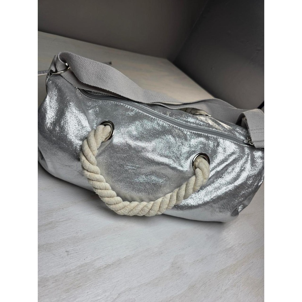 Metallic Silver Duffle Bag Y2K Rope Handle Crossbody Nautical Festival Boho